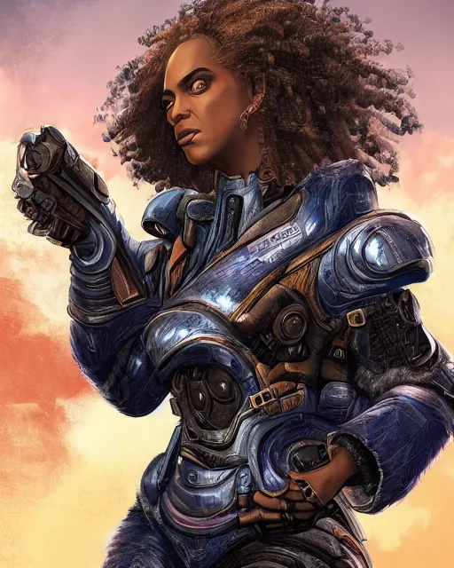 Prompt: Apocalypse Beyonce as an Apex Legends character digital illustration portrait design by, Mark Brooks and Brad Kunkle detailed, gorgeous lighting, wide angle action dynamic portrait