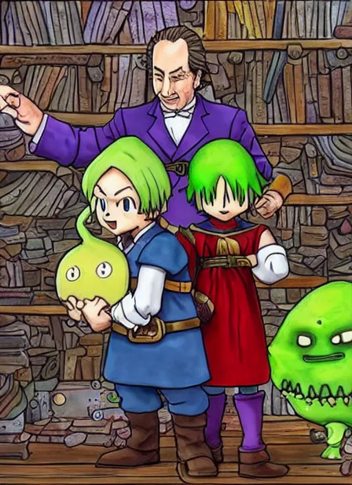 Prompt: saul goodman and a slime from dragon quest in a hogwarts bastions, goodman, slime, real life photo