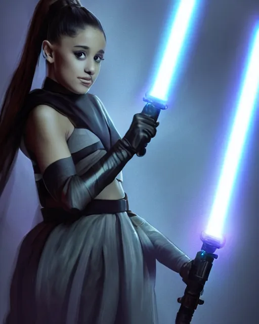 Prompt: Award winning, beautiful photo of Ariana Grande as a Sith lord igniting her light saber, Star Wars concept art by Colin Cantwell, Dramatic Lighting, Cinematic Lighting, Artstation, volumetric fog, action photography, hyper-realistic, 8K resolution, 4K resolution