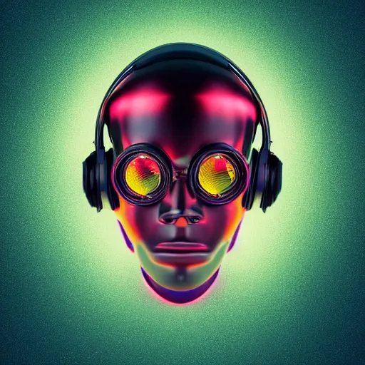 Image similar to a glossy claymodel of a steampunk robot head with glowing futuristic steampunk headphones, 8 k, symetrical, flourescent colors, halluzinogenic, multicolored, insanely detailed, black background, 3 d render,