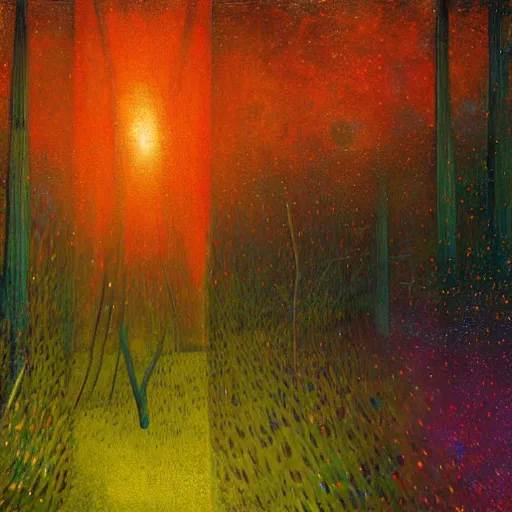 Image similar to psychedelic lush pine forest, outer space, milky way, amber eyes cat eyes designed by arnold bocklin, jules bastien - lepage, tarsila do amaral, wayne barlowe and gustave baumann, cheval michael, trending on artstation, star, sharp focus, colorful refracted sparkles and lines, soft light, 8 k 4 k