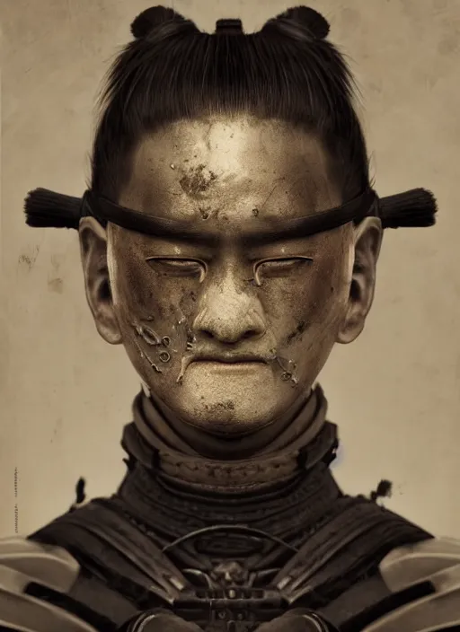 Image similar to samurai portrait, symmetrical face, wearing mempo mask, after a battle, dirt and unclean, extreme detail, cinematic, dramatic lighting render, photorealism photo by national geographic, tom bagshaw, masterpiece