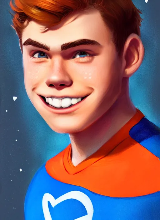 Image similar to friendly teenage archie andrews wearing an orange superhero costume with heart logo, heart, freckles, blue cape, heart emblem on chest, blue cape, intricate, elegant, glowing lights, highly detailed, digital painting, artstation, sharp focus, illustration, art by wlop, mars ravelo and greg rutkowski