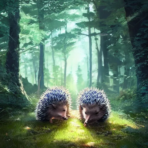 Prompt: a family of hedgehogs in the forest, in the style of makoto shinkai and greg rutkowski and james gurney