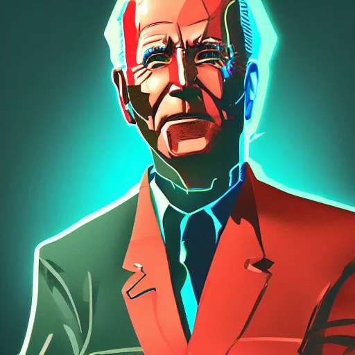 Image similar to cyberpunk joe biden as the leader of a futuristic communist nation, cybernetics, sharp lines, digital, artstation, colored in