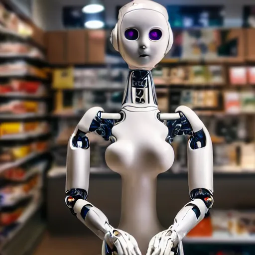 Image similar to photo of a humanoid robot in a store display hiding a dark secret, synthetic skin, highly detailed face, expressive face, cyberpunk, year 3022, medium close-up, depth of field, ISO 300, aperture f11, 1/100 obturation speed