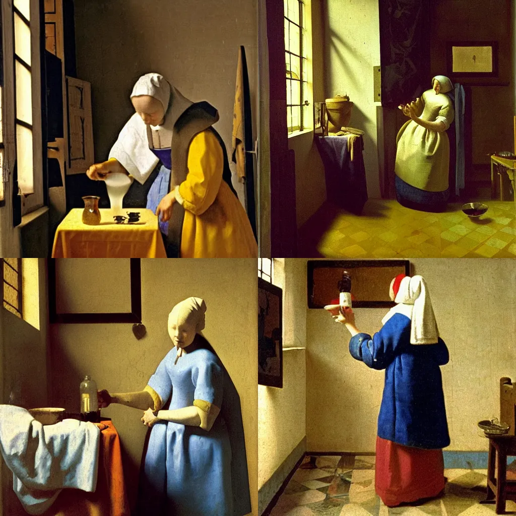 Prompt: a woman pouring milk into a bottle in the kitchen, by Johannes Vermeer