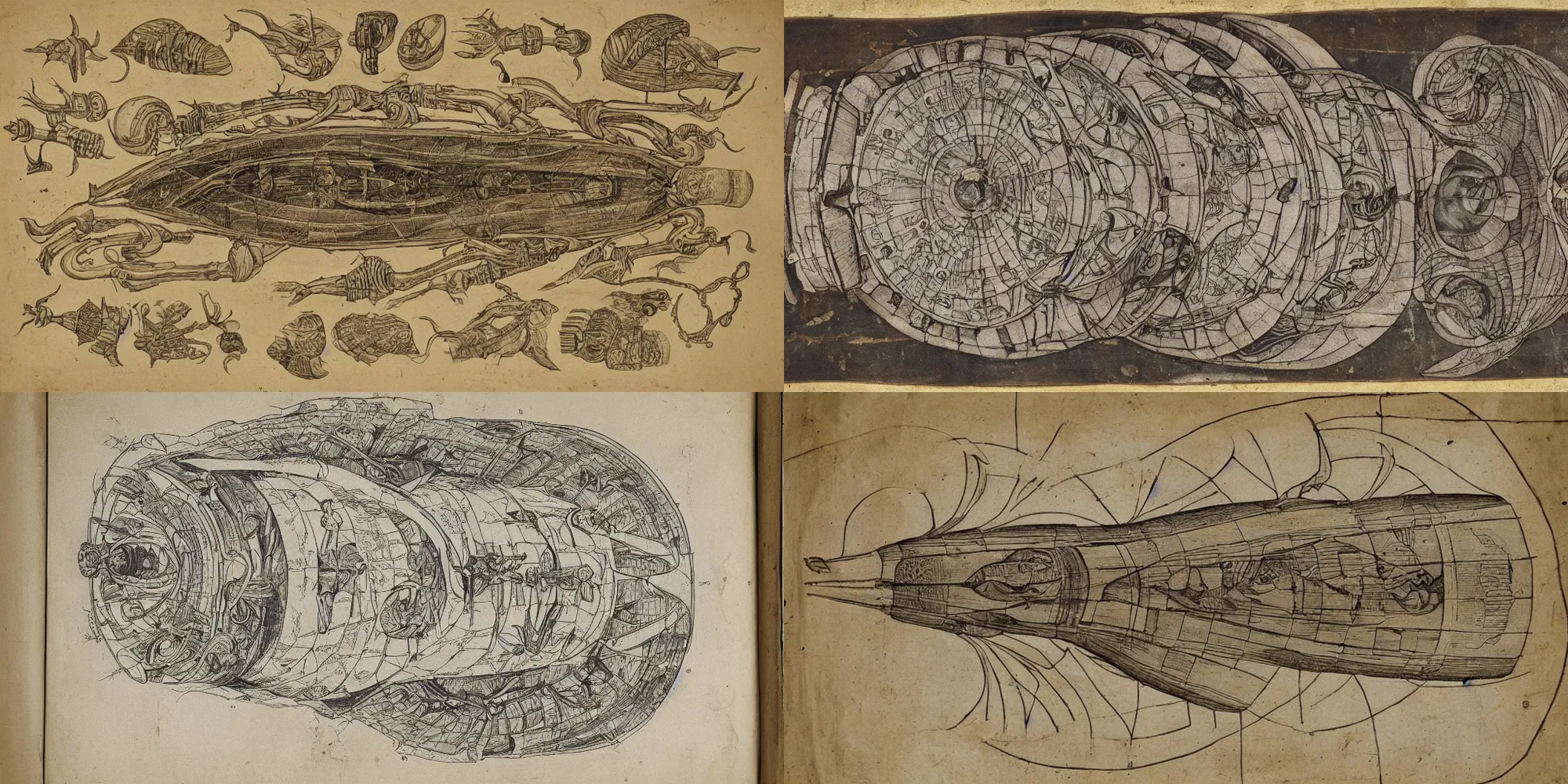 Prompt: Ancient manuscript anatomical diagram of an interstellar starship, spaceship, mothership