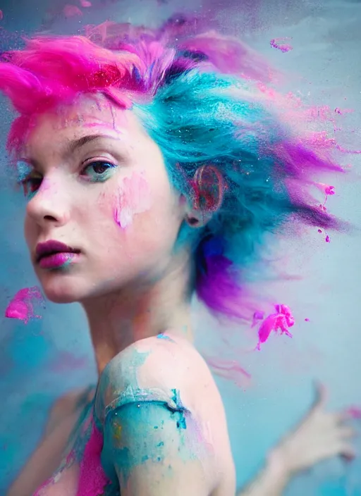 Image similar to a dramatic lighting photo of a beautiful young woman with cotton candy hair. paint splashes. moody, melanchonic. with a little bit of cyan and pink