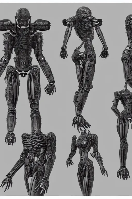 Prompt: andriod orisha god with gunmetal grey skin, medical anatomy, very symmetrical face, highly detailed, japanese mecha, three - perspective / three - view reference sheet ( front / back / side ), in the style of dan ouellette, dren from splice, hr giger, sil from species, artstation, unreal engine