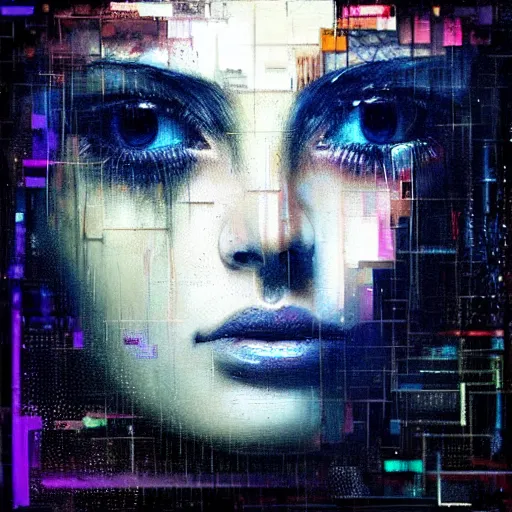 Prompt: hyperrealistic portrait of a youthful women with shining crystal eyes, by Guy Denning, by Johannes Itten, by Russ Mills, centered, glitch art, hacking effects, digital tech effects, cyberpunk, color blocking!, oil on canvas, intricate detail, concept art, abstract, detailed lines, clean, polished, symmetrical eyes, symmetrical, octane, cgsociety, 8k, trending on artstation