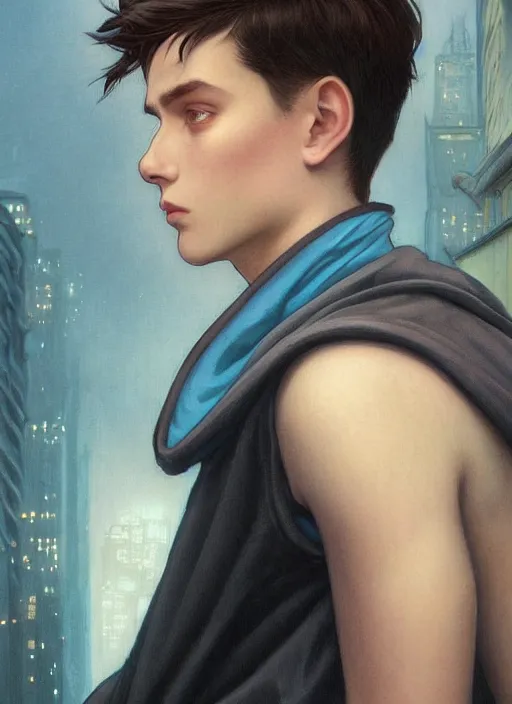 Image similar to handsome young man with short black hair, glowing light blue eyes, pale skin, wearing jeans and a black hoodie, detailed night time cityscape background, realistic painting by ross tran and gerald brom and alphonse mucha, ilya kuvshinov, svetlana tigai, artgerm, trending on artstation