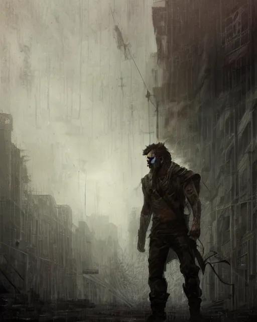 Prompt: battle hardened, charismatic, ruggedfallout 5 male character, face centered portrait, confident, ruined cityscape, fog, rain, volumetric lighting, illustration, perfectly shaded, soft painting, art by leesha hannigan, ross tran, thierry doizon, kai carpenter, ignacio fernandez rios