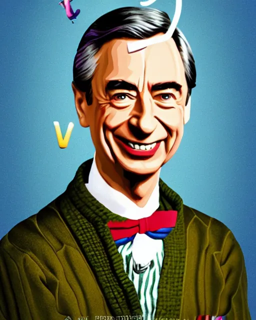 Image similar to Fred Rogers as Willy Wonka, digital illustration portrait design, detailed, gorgeous lighting, dynamic portrait