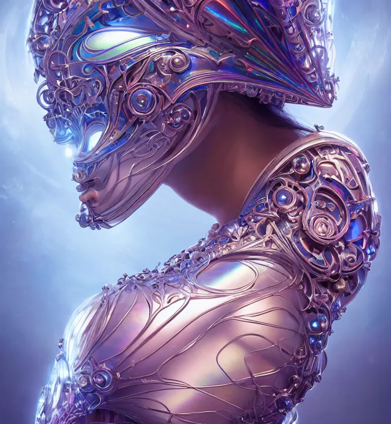 Image similar to iridescent portrait of a beautiful princess in robe. biomechanical mask. bio luminescent biomechanical halo around head. artwork by jarold Sng by artgerm, by Eddie Mendoza, by Peter mohrbacher by tooth wu, unreal engine, octane render, cinematic light, high details, iridescent colors, dichroic, macro, 4l