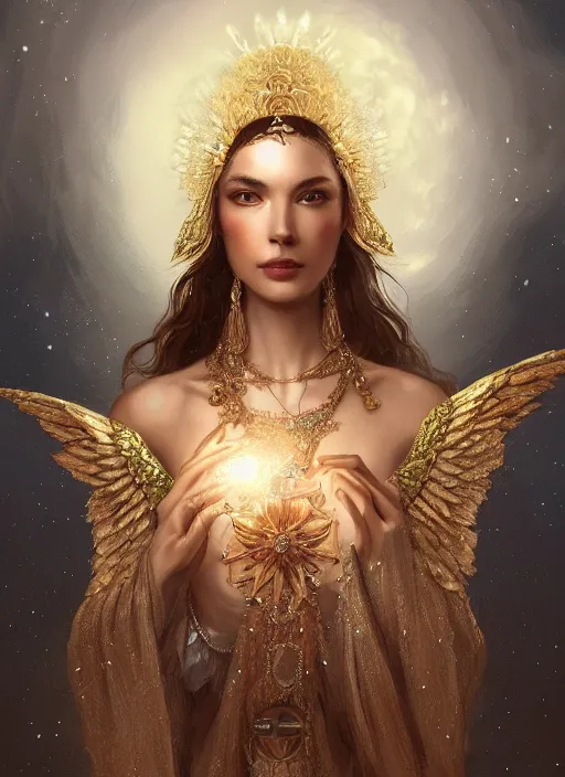 Image similar to A beautiful digital painting of a female Seraphim full of jewels, princess, the moon behind her, intricate, cinematic lighting, highly detailed, digital painting, Artstation, concept art, smooth, sharp focus, illustration, art by Tom Bagshaw, Artgerm and Greg Rutkowski