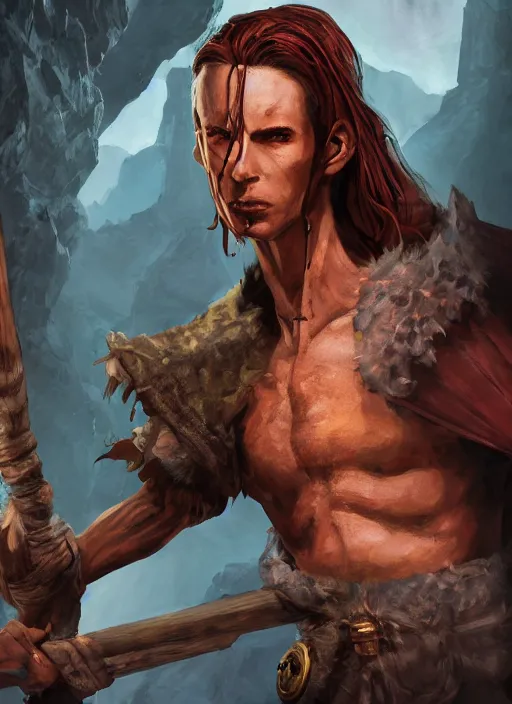 Image similar to an epic fantasy comic book style portrait painting of a skinny, lean and cruel man with a cudgel who bosses around children in a cave, unreal 5, daz, hyperrealistic, octane render, cosplay, rpg portrait, dynamic lighting