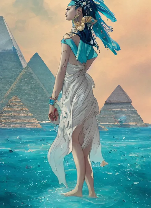 Prompt: lee jin - eun in luxurious dress emerging from turquoise water in egyptian pyramid city during an eclipse by peter mohrbacher, conrad roset, m. k. kaluta, martine johanna, rule of thirds, elegant look, beautiful, chic, face anatomy, cute complexion