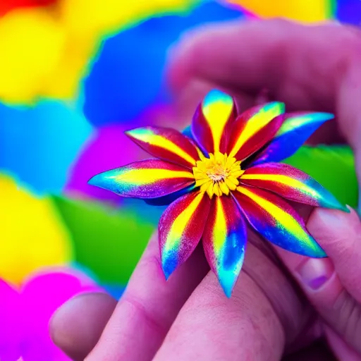 Image similar to closeup photo of rainbow - colored flower with 7 petals, held by hand, shallow depth of field, cinematic, 8 0 mm, f 1. 8