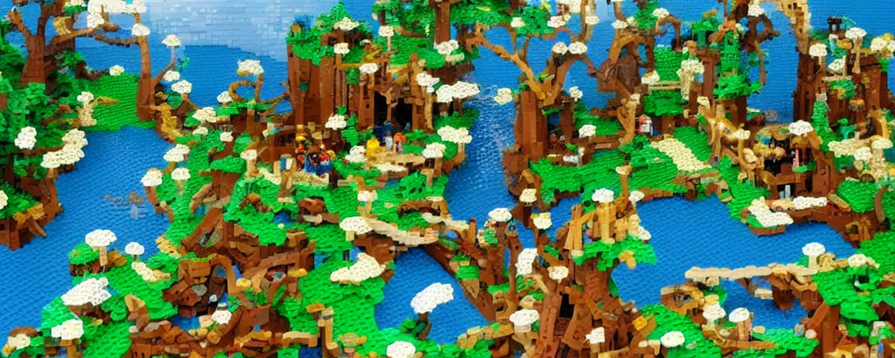 Image similar to Medieval beautiful enchanted landscape with trees, flourishing nature, lakes and waterfalls, made of LEGO, in the style of LEGO