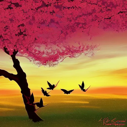 Image similar to birds on cherry tree, Changelingcore, serene, graceful, sunset photo at golden hour, Kodachrome, digital painting