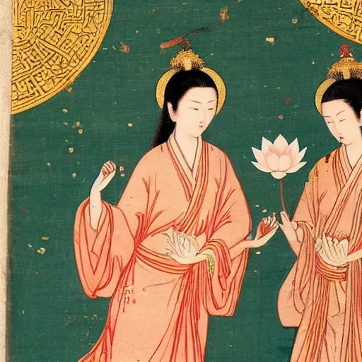 Image similar to portrait of 2 different asian looking girls close up one look away one is holding lotus flower in iconography style theophanes the greek glitter chinese ornament dress swan