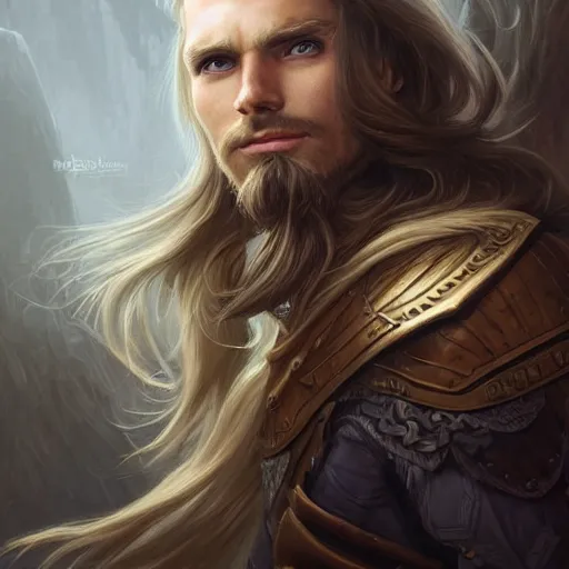 Image similar to portrait, handsome long - haired male fantasy paladin, blond, rpg game, stern expression, main character, highly detailed, digital painting, artstation, concept art, smooth, sharp focus, illustration, artgerm, tomasz alen kopera, peter mohrbacher, donato giancola, joseph christian leyendecker, wlop, frank frazetta