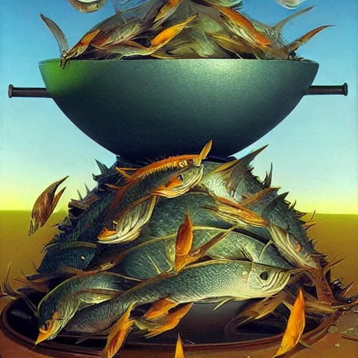 Image similar to surprised fish sitting on the top of a pile of fish, all the fish are inside a cooking pot on fire, side view, by vladimir kush, dystopian art, rococo