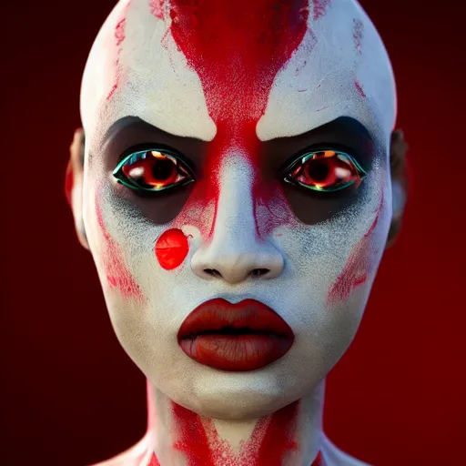 Prompt: albino African woman warrior ornated armor war paint, detailed, jewelry, sakura,photograph, award wining, red and white, trending on artstation, punk attitude, 4k, unreal engine 5, octane render, neon highlights