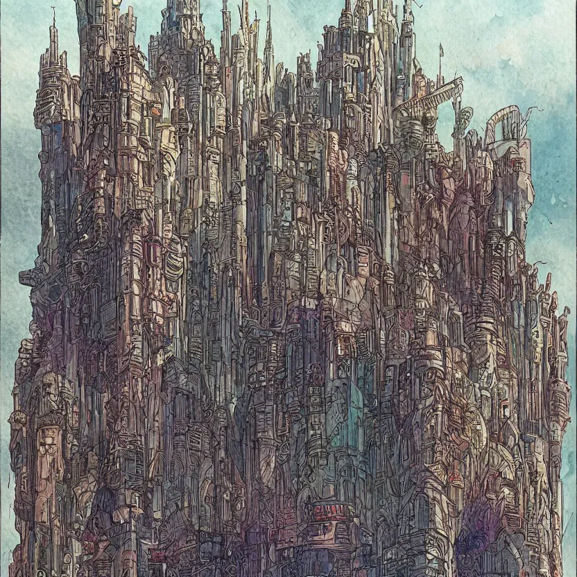 Prompt: a watercolor ink painting of a cyberpunk castle in the style of jean giraud in the style of moebius trending on artstation deviantart pinterest detailed realistic hd 8 k high resolution