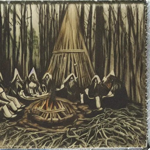 Prompt: witches gather around a bonfire in a forest, polaroid