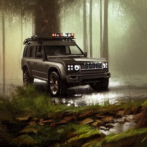 Image similar to a landrover crossing a forest path while its raining, digital art, artstation, photgraphy, highly detailed, digital painting, artstation, concept art, sharp focus, illustration, art by greg rutkowski and artgerm