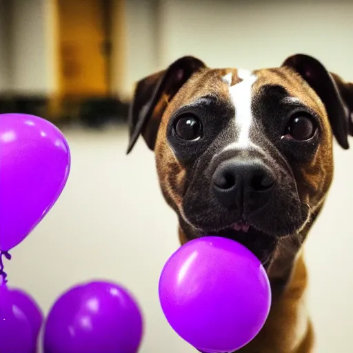 Prompt: a high resolution photograph of a purple balloon animal of a dog