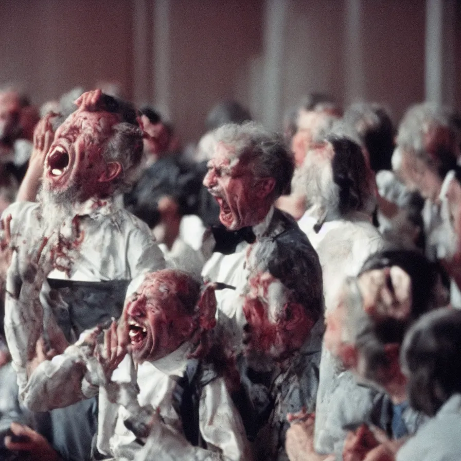 Prompt: 9 0 s movie still of an old man yelling in an empty soviet ballroom full of blood, cinestill 8 0 0 t 3 5 mm, heavy grain, high quality, high detail