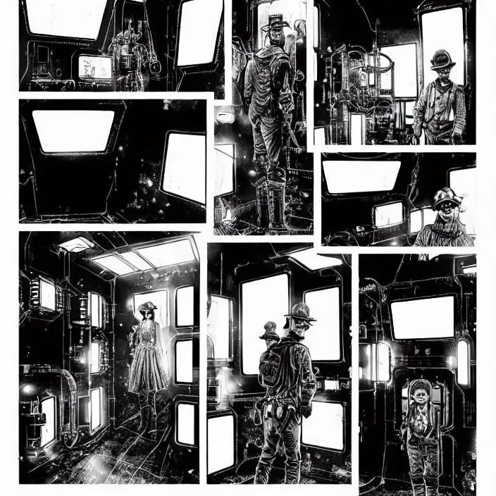 Prompt: sadie sink as a miner inside a minimalist steampunk automated kiosk with options to choose from. black and white, pencil and ink. scifi cyberpunk. by gabriel hardman, joe alves, chris bonura. cinematic atmosphere, detailed and intricate, perfect anatomy