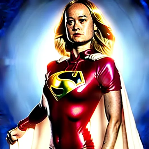 Image similar to brie larson as dc comics'' power girl ', full body with white leotard costume and cape and chest keyhole, pinup photo, 4 k