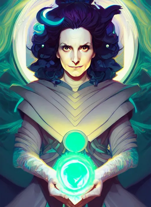 Image similar to style artgerm, joshua middleton, illustration, tina fey as a high priestess wearing green pelt light armor, anime eyes, blue hair, swirling water cosmos, fantasy, dnd, cinematic lighting