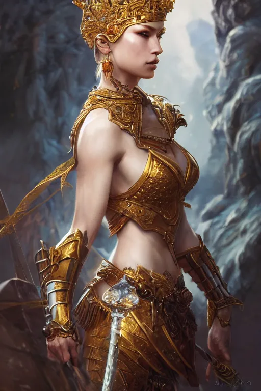 Prompt: a masterpiece ultrarealistic ultradetailed portrait of a very beautiful warrior queen, medium shot, intricate, elegant, by stanley artgerm lau, wlop, rossdraws, james jean, andrei riabovitchev, marc simonetti, light by julie bell, porcelain skin. global illumination, vfx