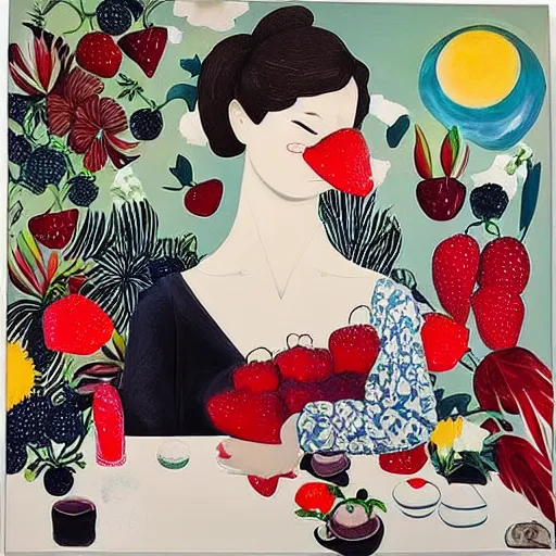 Image similar to “art in an Australian artist’s apartment, portrait of a woman wearing white cotton cloth, eating luscious fresh raspberries and strawberries and blueberries, white wax, edible flowers, Japanese pottery, ikebana, black walls, acrylic and spray paint and oilstick on canvas”