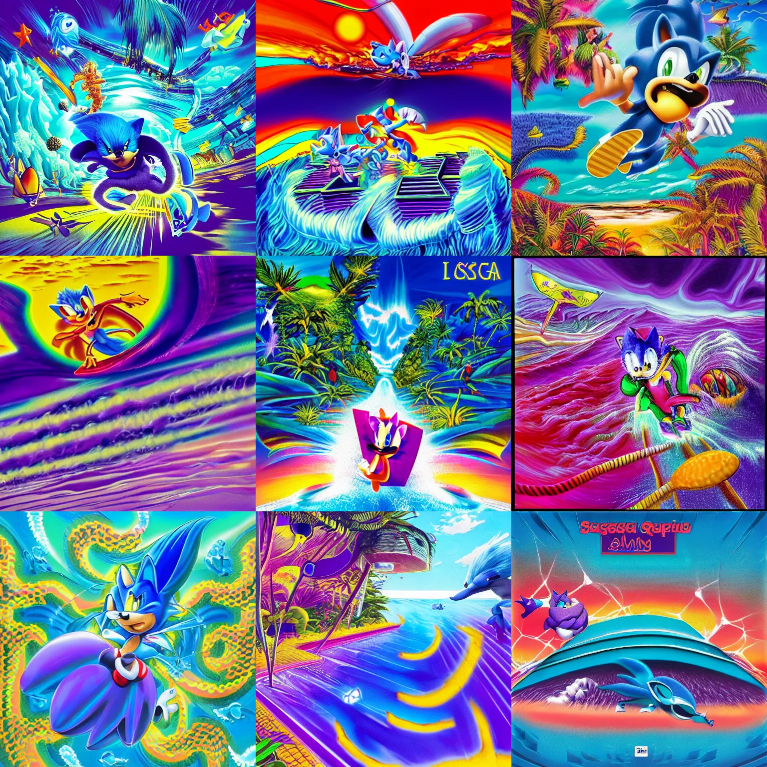 Prompt: surreal, sharp, detailed professional, high quality airbrush art MGMT album cover of a liquid dissolving LSD DMT blue sonic the hedgehog surfing through cyberspace, tropical ocean, purple checkerboard background, 1990s 1992 Sega Genesis video game album cover