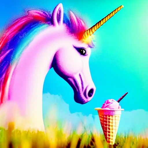 Image similar to an ultra high definition telephoto pastel coloured wildlife photograph of a magic unicorn eating an ice cream in a magical field. refraction, volumetric lighting iridescence.