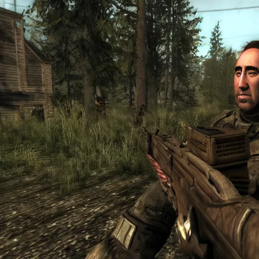 Image similar to Nicholas Cage in S.T.A.L.K.E.R PC game, screenshot, max graphics settings