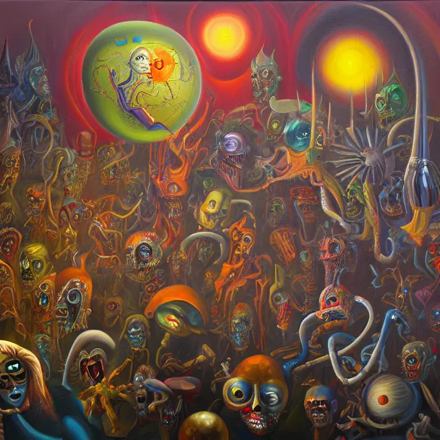 Image similar to an oil on canvas painting of the carnival of nightmares, polycount, surrealism, surrealist, cosmic horror, high detail