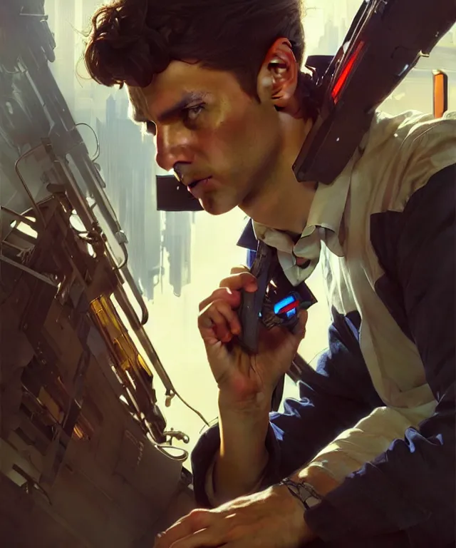 Prompt: Hacker man hacks computer, highly detailed, digital painting, artstation, concept art, smooth, sharp focus, illustration, art by artgerm and greg rutkowski and alphonse mucha