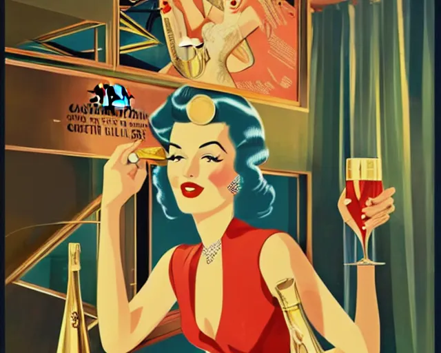 Image similar to 1 9 4 0 s teenager in art deco style, champagne commercial, artstation, illustration, bright, cheerful, detailed and intricate environment