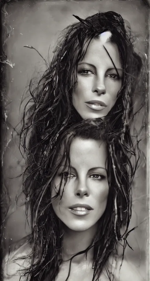 Prompt: wet plate photograph, a beautiful portrait of Kate Beckinsale