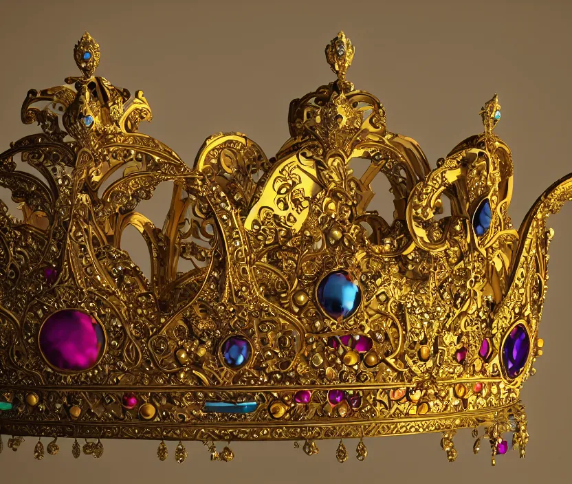 Image similar to Still life photo studio, golden crown adorned with multicolored gems, hyperdetailed, unreal engine, 8k