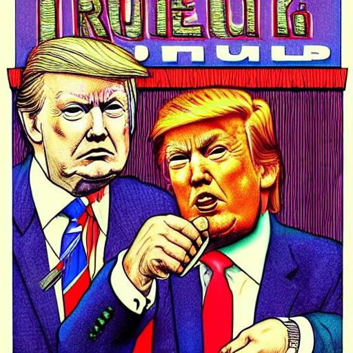 Image similar to !dream The Artwork of R. Crumb and his Cheap Suit Donald Trump and Jared Kushner, pencil and colored marker artwork, trailer-trash lifestyle