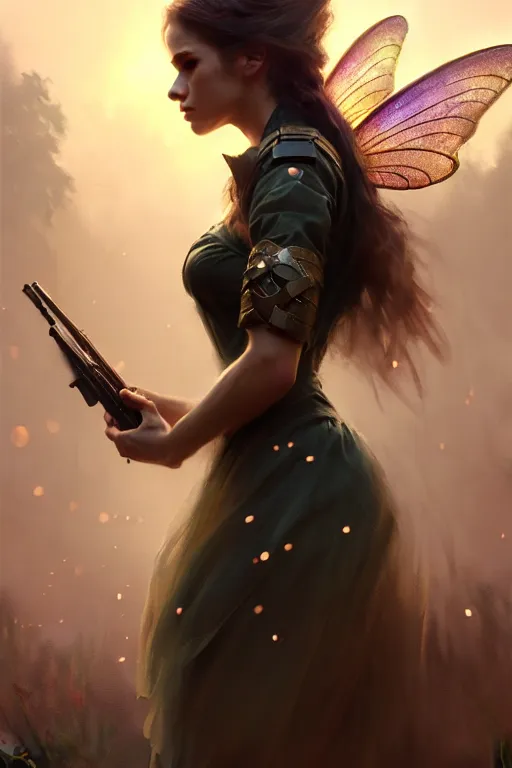 Image similar to cinematic shot of an epic portrait of a fairy dressed in military clothes, shiny skin, beautiful eyes, beautiful, small details, night setting, realistic poster with volumetric light from craig mallism, artgerm, jeremy lipkin and michael garmash, unreal engine, radiant light, detailed and complex environment, digital art, trends at art station, a masterpiece