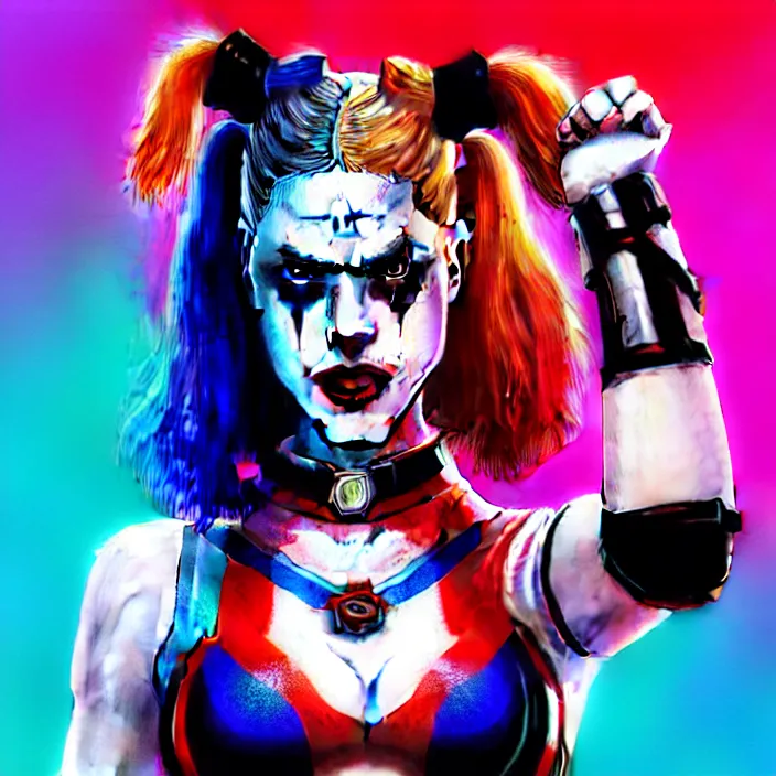 Image similar to portrait of alexandra daddario as a harley quinn in suicide squad. intricate abstract. intricate artwork. by tooth wu, wlop, beeple, dan mumford. octane render, trending on artstation, greg rutkowski very coherent symmetrical artwork. cinematic, hyper realism, high detail, octane render, 8 k, iridescent accents